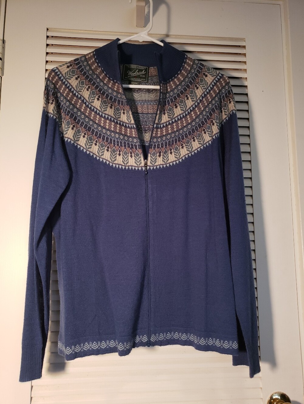Woolrich Navy Blue Zip-Up Fair Isle Yoke Sweater Cardigan